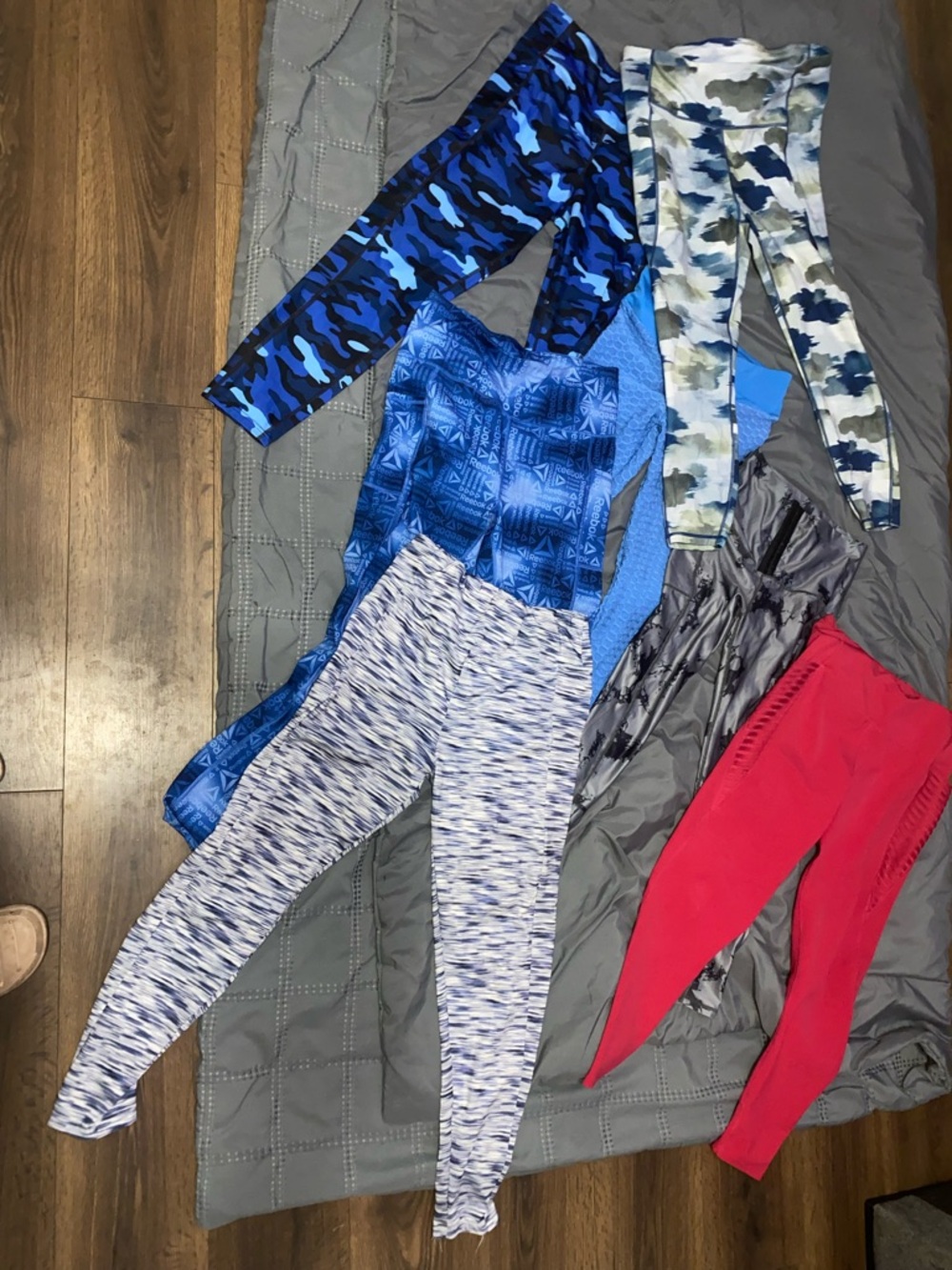 7 Mixed Athletic Leggings Bundle - Blue, Camouflage, Red, Gray